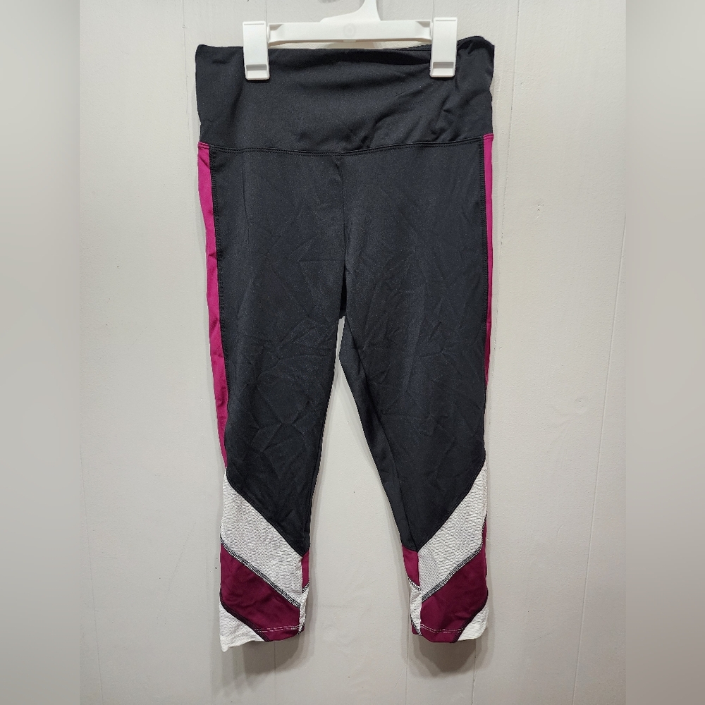 Bally Total Fitness Capri Pants Large Black Pink Workout Athletic B817